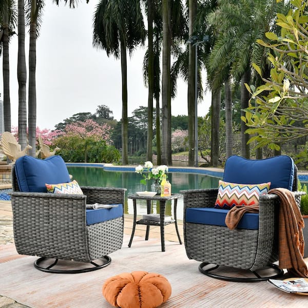 OVIOS Fortune Dark Gray 3-Piece Wicker Outdoor Patio Conversation Set with Navy Blue Cushions and Swivel Chairs