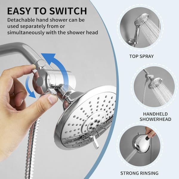 6-Spray Shower Faucet Set 3-Way Shower Head Combo Dual 2 in 1 Showerhead with Stainless Steel Hose in Polished Chrome