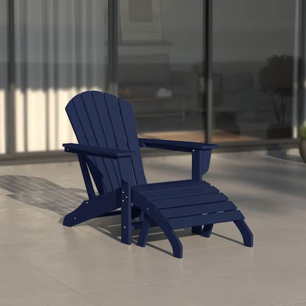 Mason Navy Blue 2-Piece Poly Plastic Outdoor Patio Classic Adirondack Fire Pit Chair With Ottoman Set