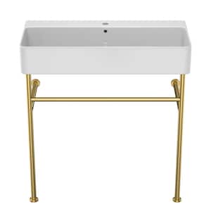 32 in. Ceramic White Single Bowl Console Sink with Basin and Gold Leg
