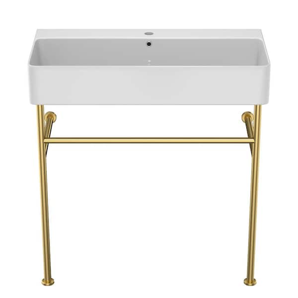 Zeus & Ruta 32 in. Ceramic White Single Bowl Console Sink with Basin and Gold Leg