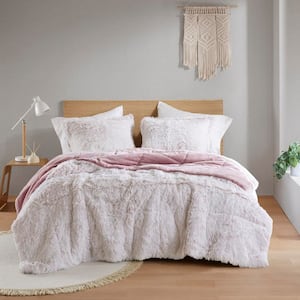 Leena 3-Pieced Pink/White Polyester King/California King Shaggy Long Fur Comforter Set