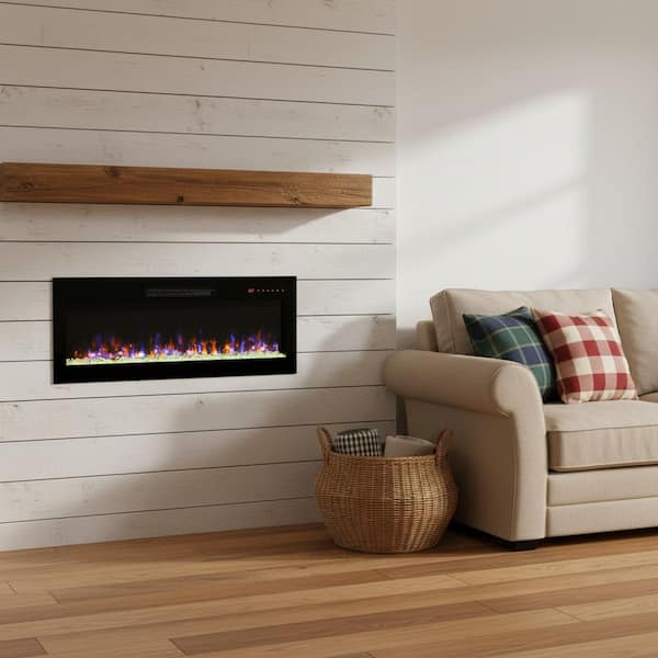 Ultrathin 42 in. W Wall Mounted Metal Electric Fireplace in Black with Tempered Glass Screen and Mixed Flames