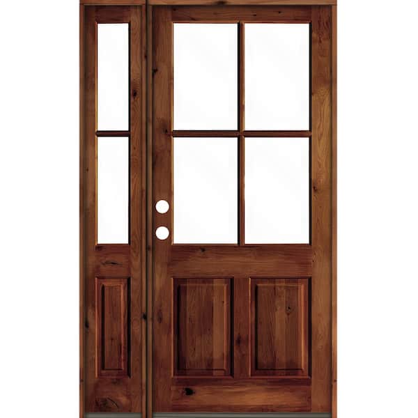 Krosswood Doors 50 in. x 96 in. Knotty Alder Right Hand 4-Lite Clear Glass Red Chestnut Stain Wood Prehung Front Door with Left Sidelite