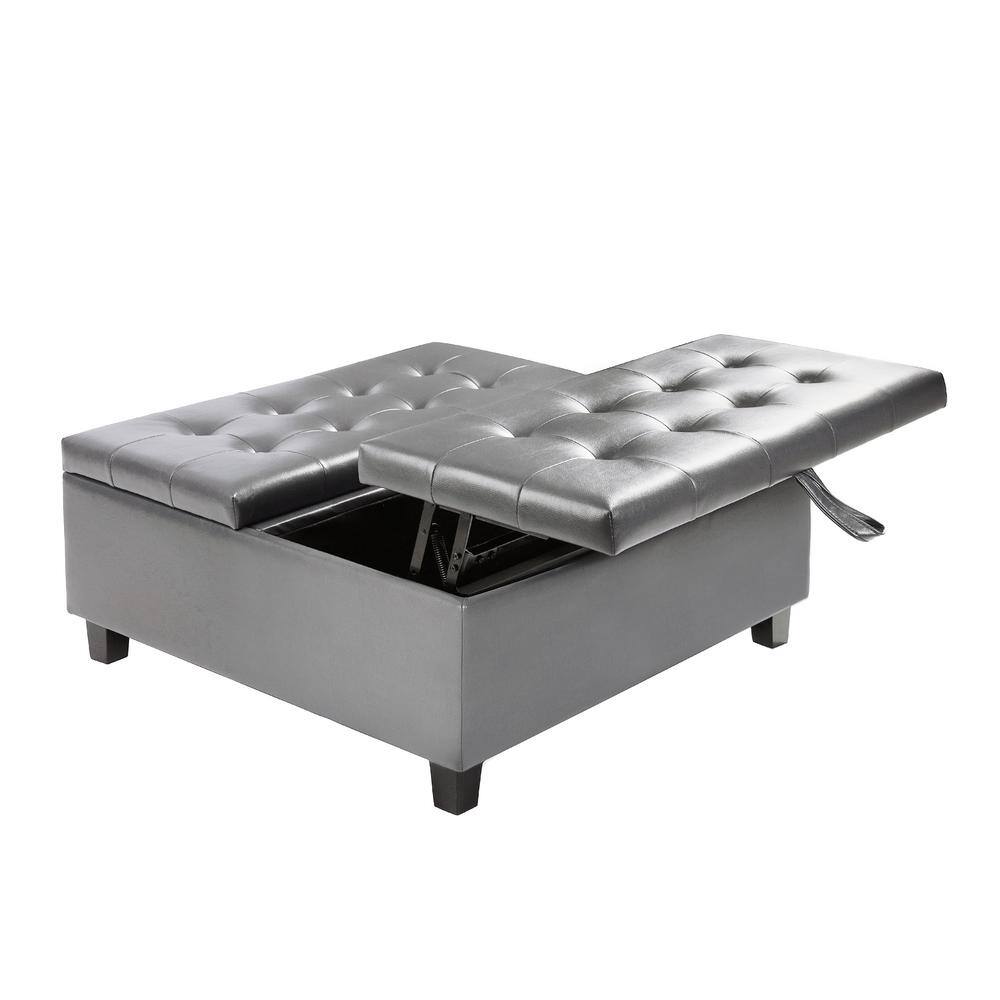 HOMESTOCK Gray, Folding Storage Ottoman, Upholstered Leather Ottoman
