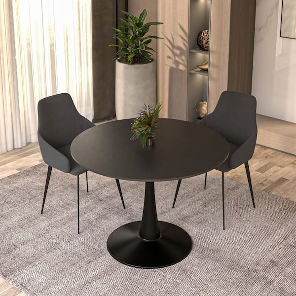Bristol 40 in. Round Dining Table Modern MDF Wood in Black Tabletop in Black Stainless Steel Metal Pedestal Base Seats 4