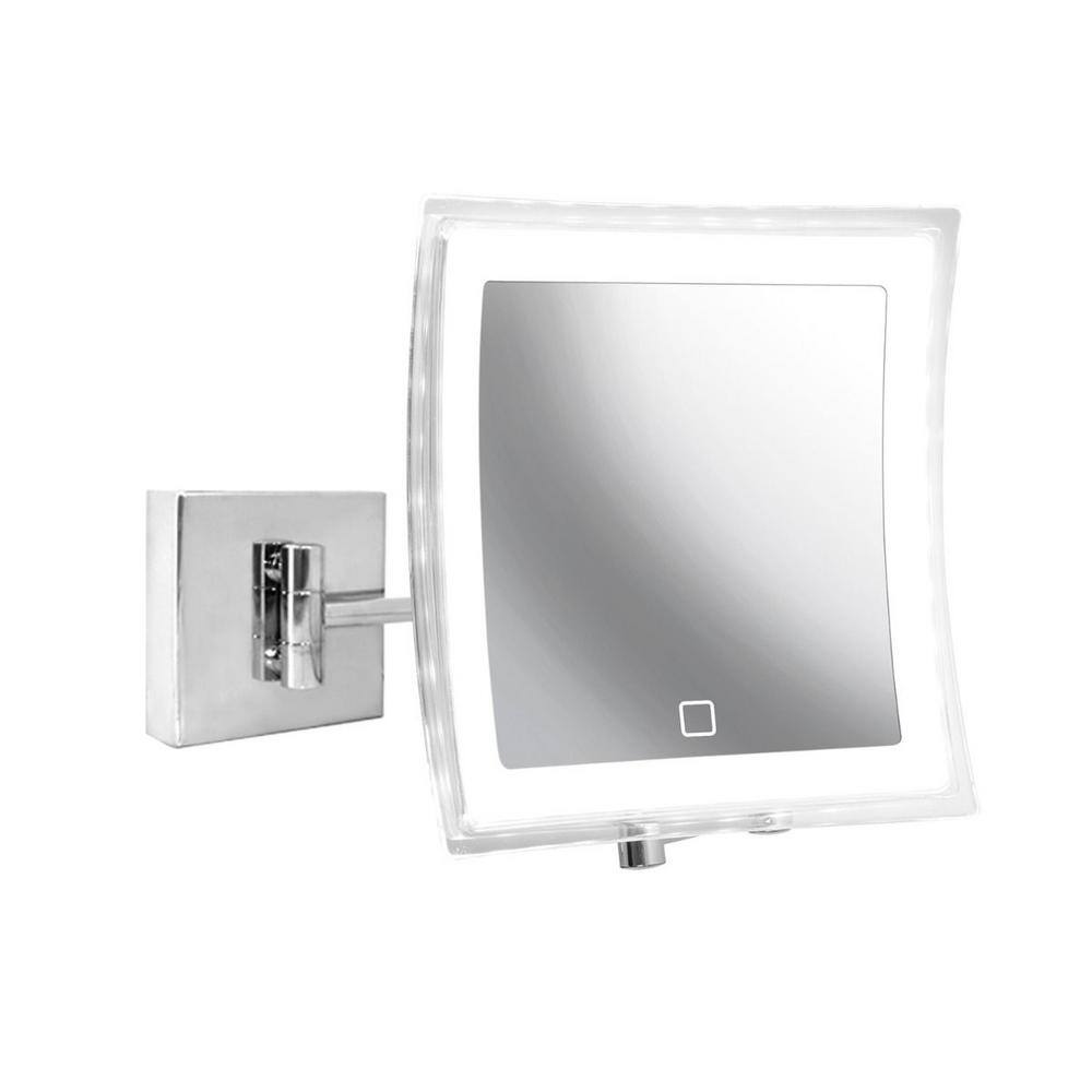 Polished Chrome Square LED Magnifying Wall Mirror with Brass Frame