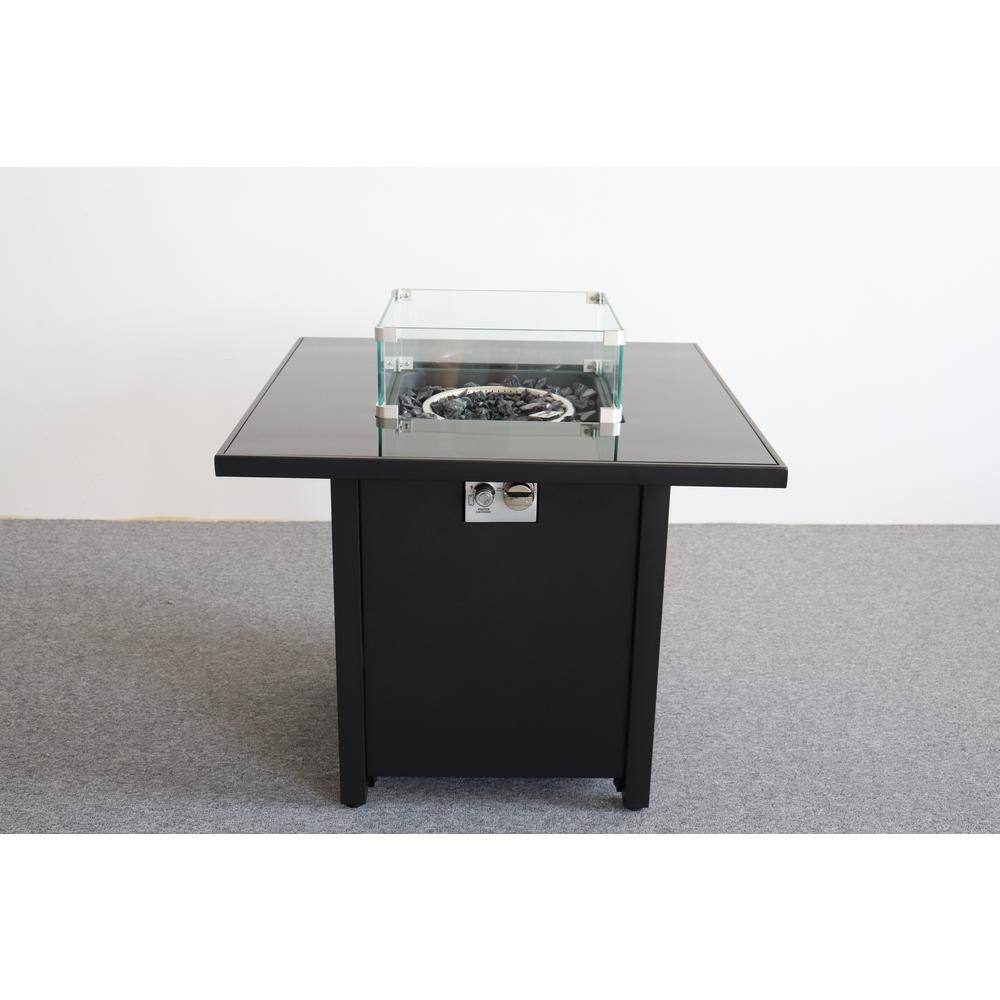 Black 30 in. Powdercoated Metal Fire Pit Table With Smoked Glass Top 40,000
