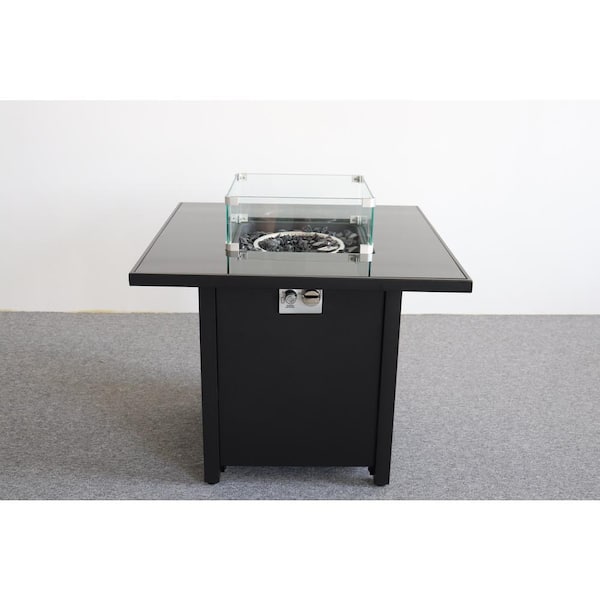 Unbranded Black 30 in. Powdercoated Metal Fire Pit Table With Smoked Glass Top 40,000 BTU Square Fire Table