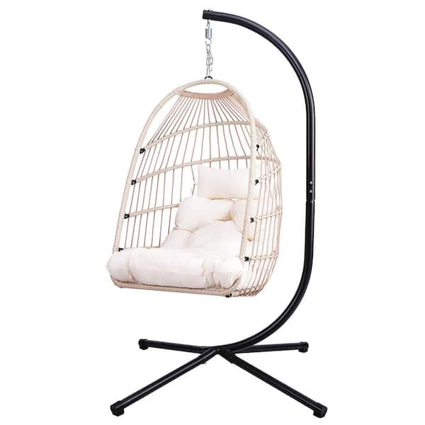 Outdoor 1-Person Off White Wicker Patio Swing with Stand