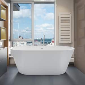 59 in. Oval Acrylic Flatbottom Freestanding Soaking Double Slipper Bathtub in Gloss White