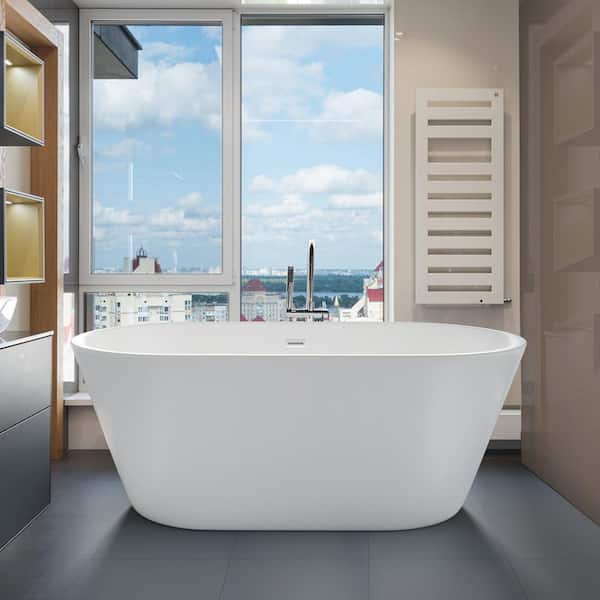 INSTER 59 in. Oval Acrylic Flatbottom Freestanding Soaking Double Slipper Bathtub in Gloss White