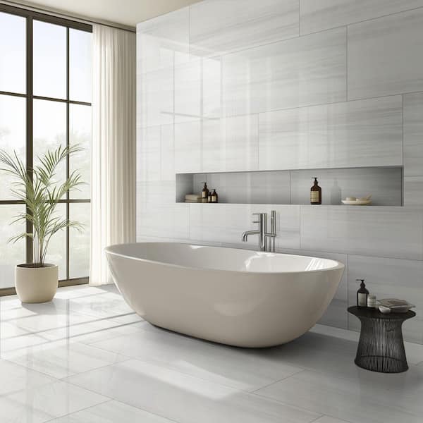 Bianco Dolomite 24 in. x 48 in. Polished Porcelain Stone Look Floor and Wall Tile (16 sq. ft. /Case)