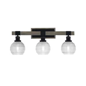 Richmond 10.25 in. 3 Light Vanity Light Matte Black & Painted Wood-look Metal with 6" Clear Ribbed no bulbs included