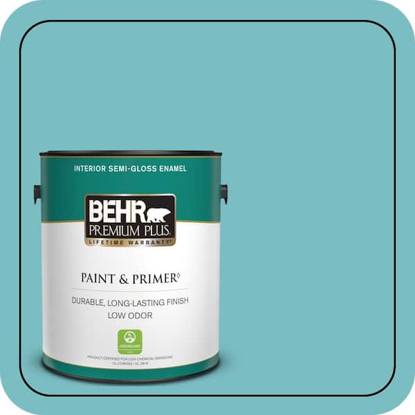 BEHR PREMIUM PLUS 1 gal. #M460-4 Pure Turquoise Semi-Gloss Enamel Low Odor Interior Paint & Primer