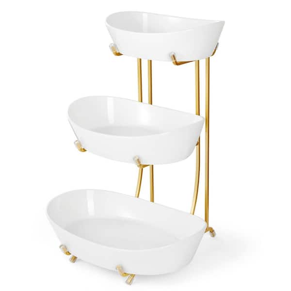 3-Tier Porcelain Fruit Bowl Set with Metal Stand, No Assembly Required, Tiered Basket for Fruit, Snacks, and Nuts