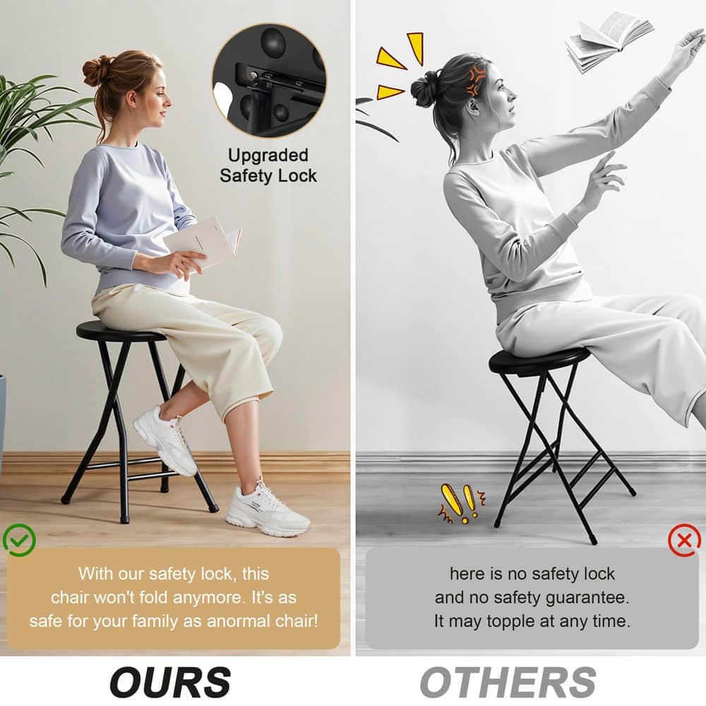 Comparison image of the stool with a safety lock versus one without.