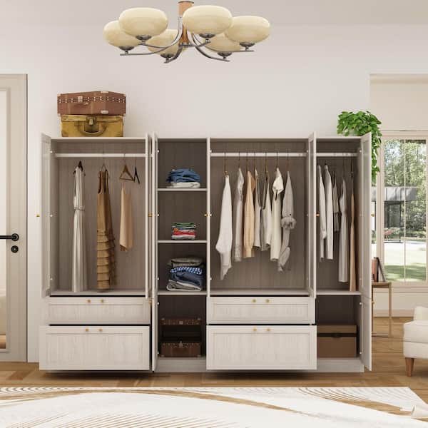 Light Oak Wood 94.5 in. Bedroom Armoire with Frosted Glass Doors, Hanging Rod, Jewelry Organizer Drawers