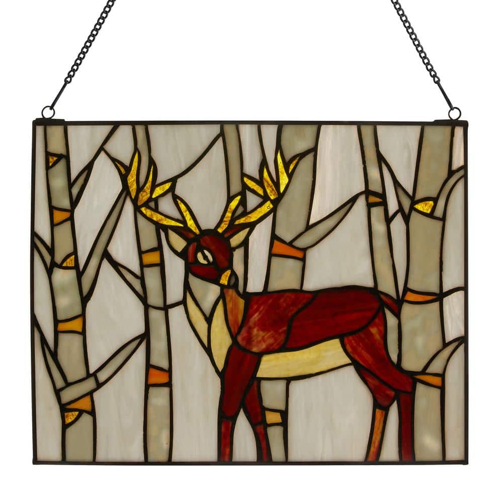 Majestic Deer Brown and Amber Stained Glass Window Panel
