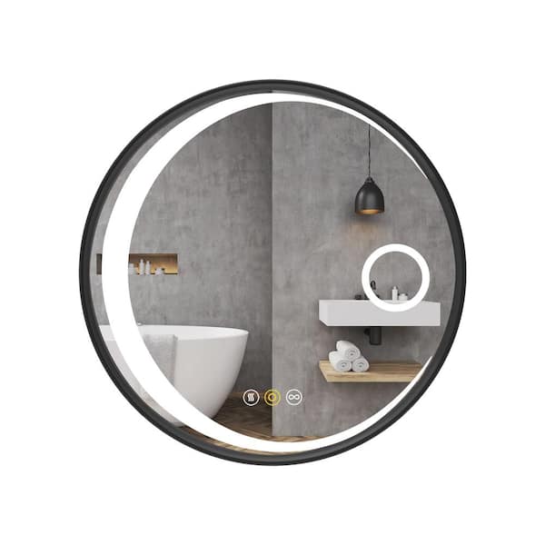 HBEZON Uranus 36 in. W x 36 in. H Medium Round Aluminium Framed Dimmable Wall Mount Bathroom Vanity Mirror in Black