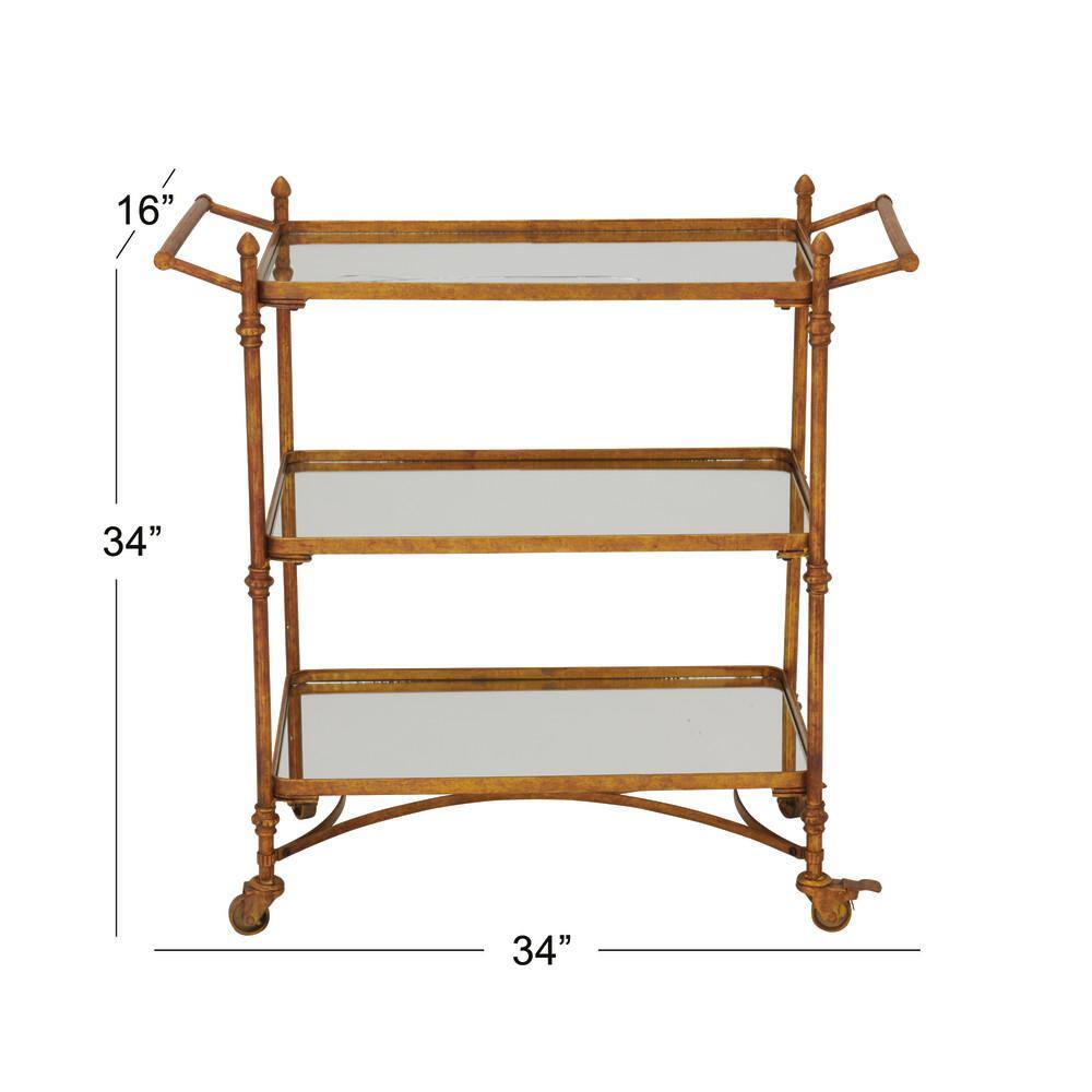 Elegant Brass 35" Rolling Bar Cart with 3 Mirrored Shelves and Handles