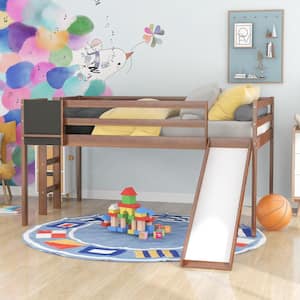 Full Size Loft Bed Wood Bed with Slide, Ladder, and Chalkboard, Loft Bed for Kids, Teens, No Box Spring Needed, Walnut
