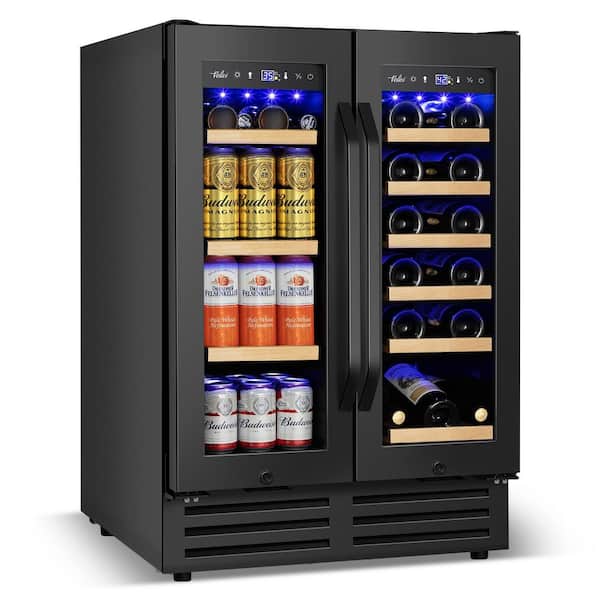 Hooure 23.42 in. Dual Zone 18-Wine Bottles and 68-Cans Beverage and Wine Cooler in Black