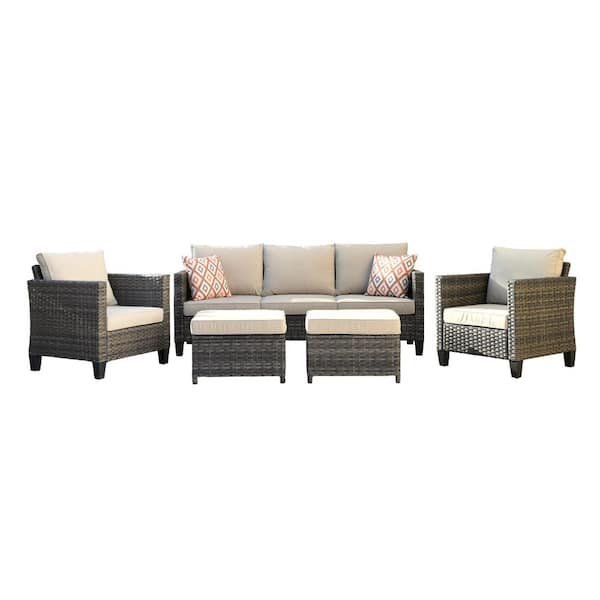 New Vultros Gray 5-Piece Wicker Outdoor Patio Conversation Seating Set with Beige Cushions
