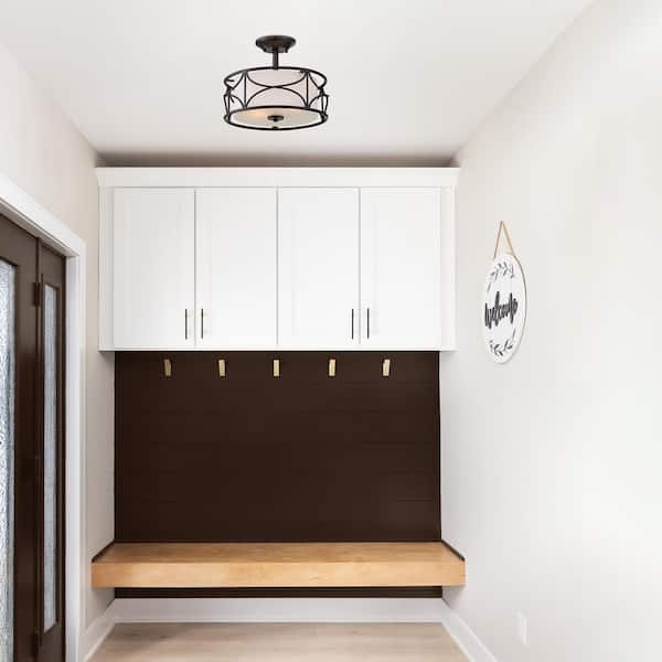 Avara 13 in. 2-Light Oil Rubbed Bronze Traditional Entryway Semi-Flush Mount with White Fabric Shade