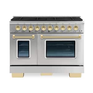 BOLD 48" TTL 6.7 Cu.Ft. 8 Burner Freestanding All Gas Range with Gas Stove and Gas Oven, Stainless steel with Brass Trim