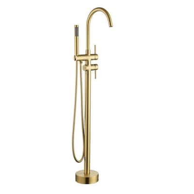 High Arc Swivel Spout Singe-Handle Floor Mount Freestanding Bathtub Faucet Filer with Hand Shower in Brushed Gold