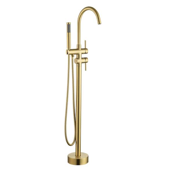 RAINLEX High Arc Swivel Spout Singe-Handle Floor Mount Freestanding Bathtub Faucet Filer with Hand Shower in Brushed Gold