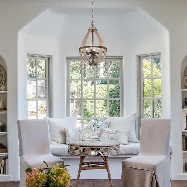 13.4 in. 4-Light Rust Bronze Farmhouse Globe Candlestick Chandelier with Teardrop Wood Cage Transitional Island Pendant