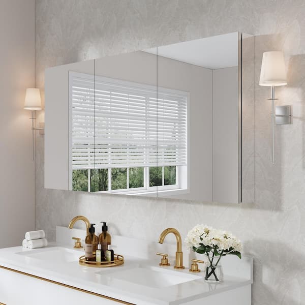 WELLFOR ROSA 60 in. W x 30 in. H Rectangular Aluminum Tri-View Medicine Cabinet with Mirror, Blum Hinge, Adjustable Shelves