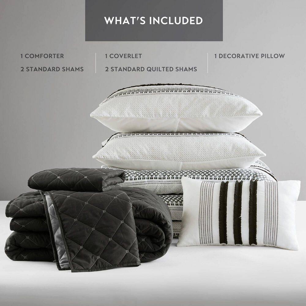 Black and White Microfiber Full Bedspread Set with Stripes