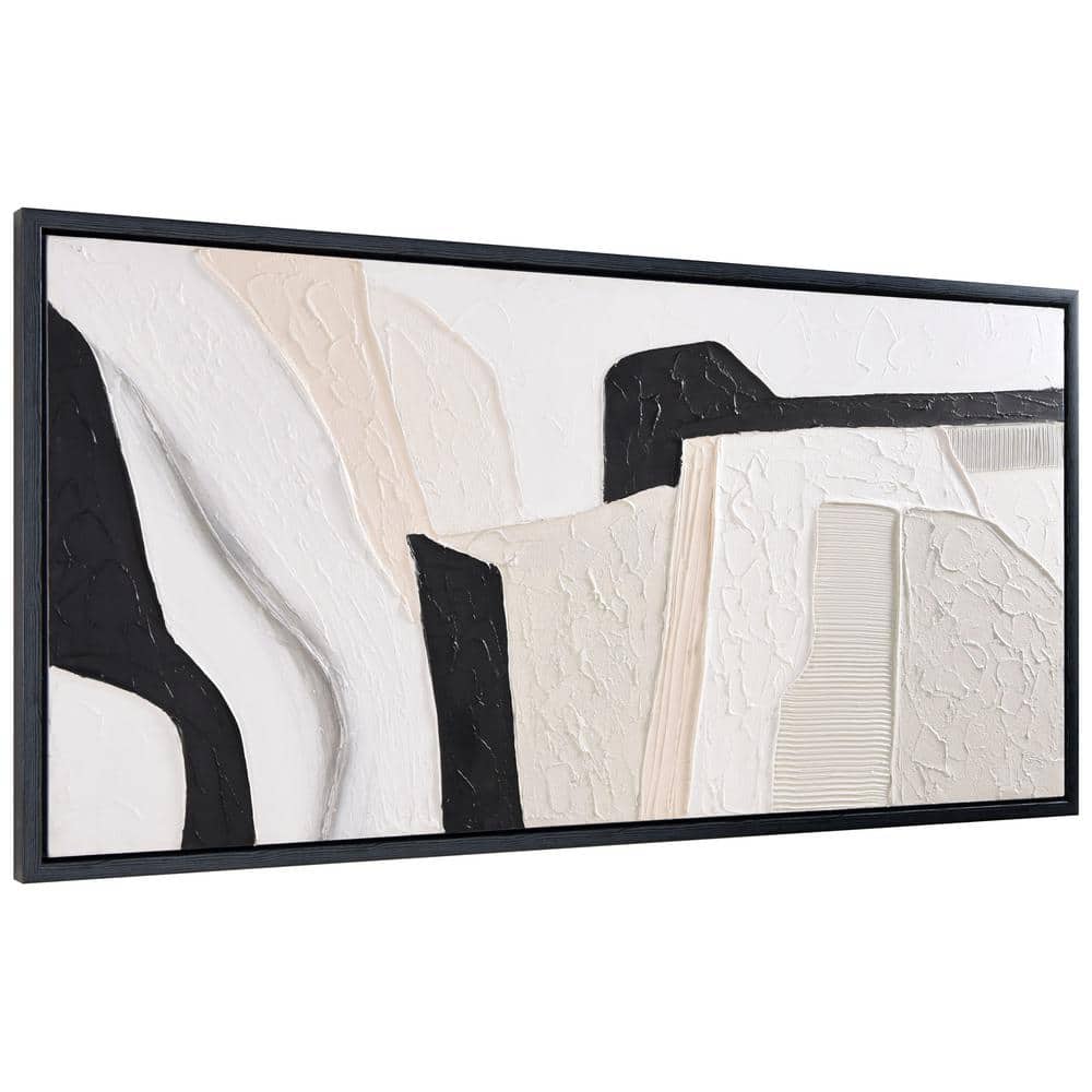 Monochrome Abstract Black and White Textured Canvas Painting, 24" x 48"