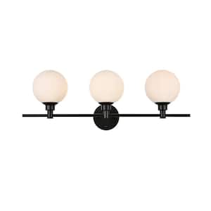 Simply Living 28 in. 3-Light Modern Black Vanity Light with Frosted White Round Shade