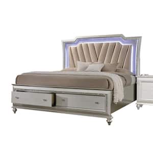 Amelia Gray Champagne Wood Frame Queen Platform Bed with Lighted Headboard and Drawers