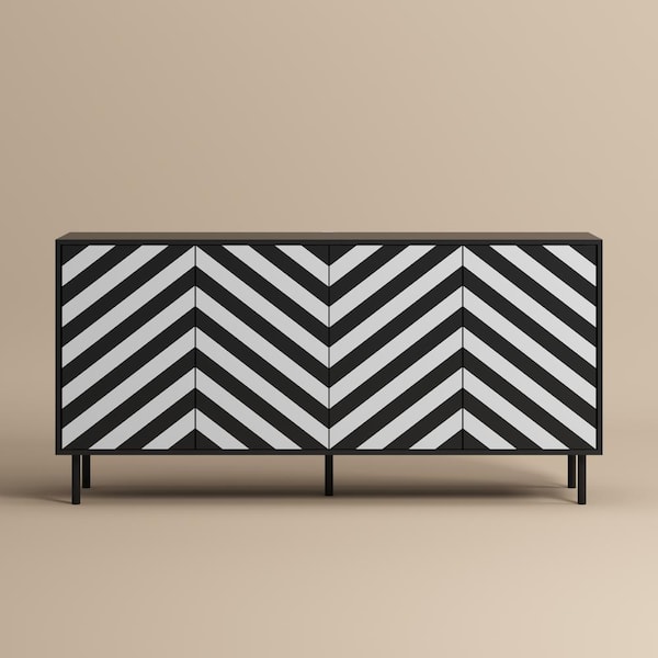 FUFU&GAGA Black and White Zebra-Stripe Wooden 63 in. Width Sideboard, Storage Cabient w/ 4 Adjustable Shelves & Press Switch Doors
