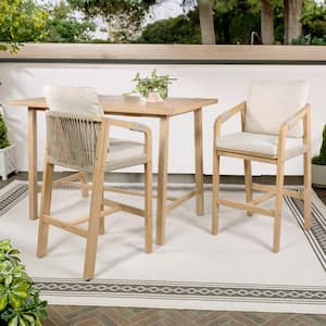 Porto Modern Coastal 3-Piece Acacia Wood Outdoor Serving Bar Set with Beige/Light Teak Cushions