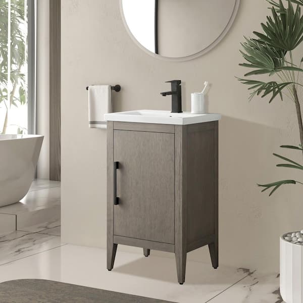 20 in. W x 15.8 in D x 34 in. H Single-Sink Bathroom Vanity Cabinet in Driftwood Gray with Ceramic Top in White