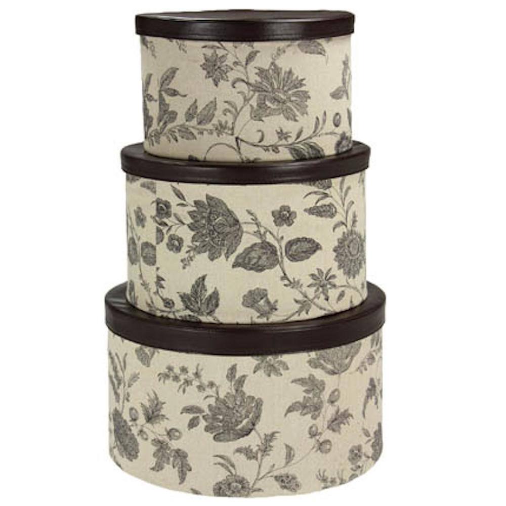 Set of Three Round Black and Tan Faux Leather Floral Storage Boxes
