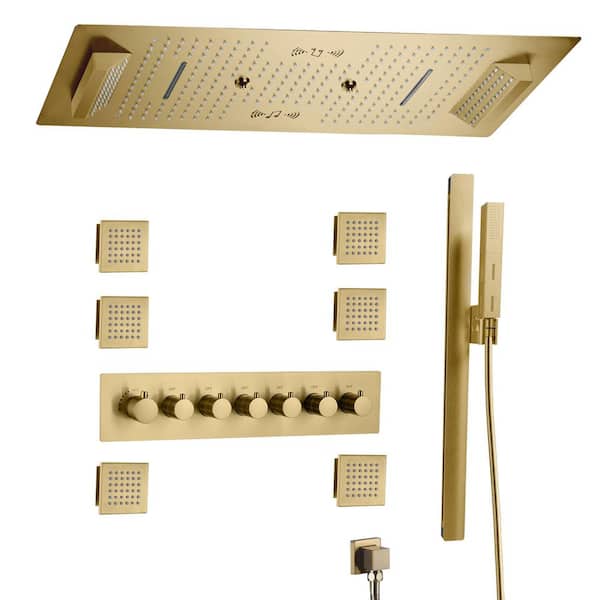 6-Spray 35 in.x 16 in. LED Thermostatic Shower System 6-Function w/ Fixed & Handheld Shower Head 2.5 GPM in Brushed Gold