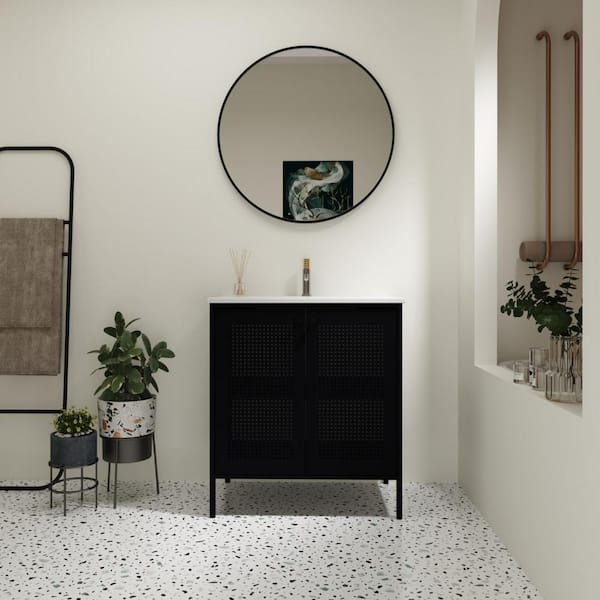 UPIKER 30 in. W x 18.3 in. D x 33.4 in. H Freestanding Single Sink Bath Vanity in Black with White Ceramic Top