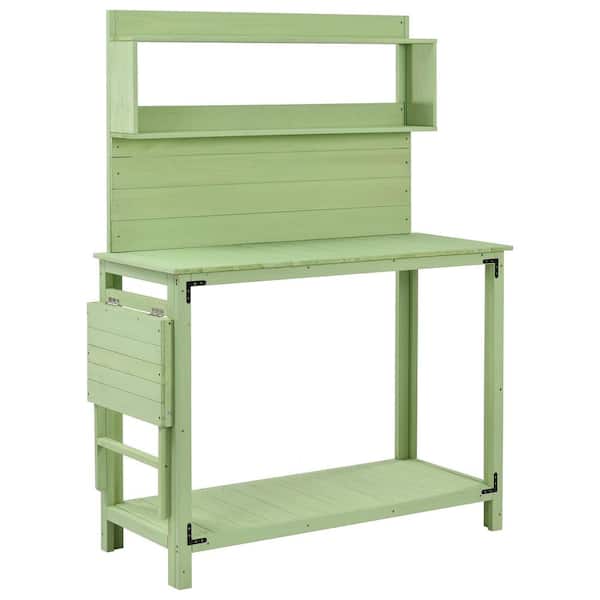 Clihome 65 in. H Green Garden Wood Workstation Backyard Potting Bench Table with Shelves, Side Hook and Foldable Side Table