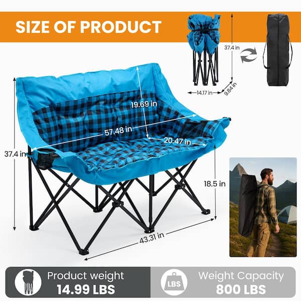 Double Oversized Loveseat Padded Camp Chair 2 Person Folding Chairs with 2 Cup Holders and 2 Side Pockets for Outdoor