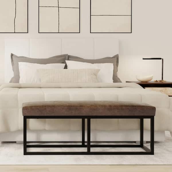 Simpli Home Reynolds 44 in. Wide Contemporary Rectangle Bench in Distressed Chestnut Brown Faux Leather