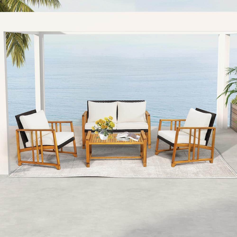 4-Piece Off-White Cushioned Acacia Wood Patio Set