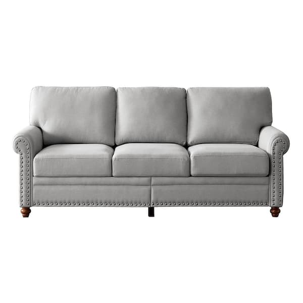 Unbranded 82.68 in. W Round Arm Polyester Classic Rectangle 3-seat Sofa with Nails in Gray.