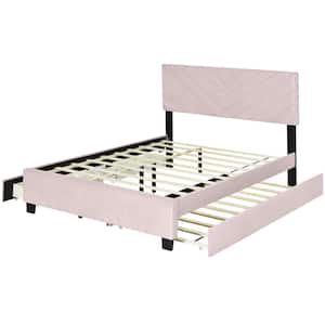 Pink Wood Frame Queen Size Upholstered Platform Bed with Pullout Bed and 2 Drawers
